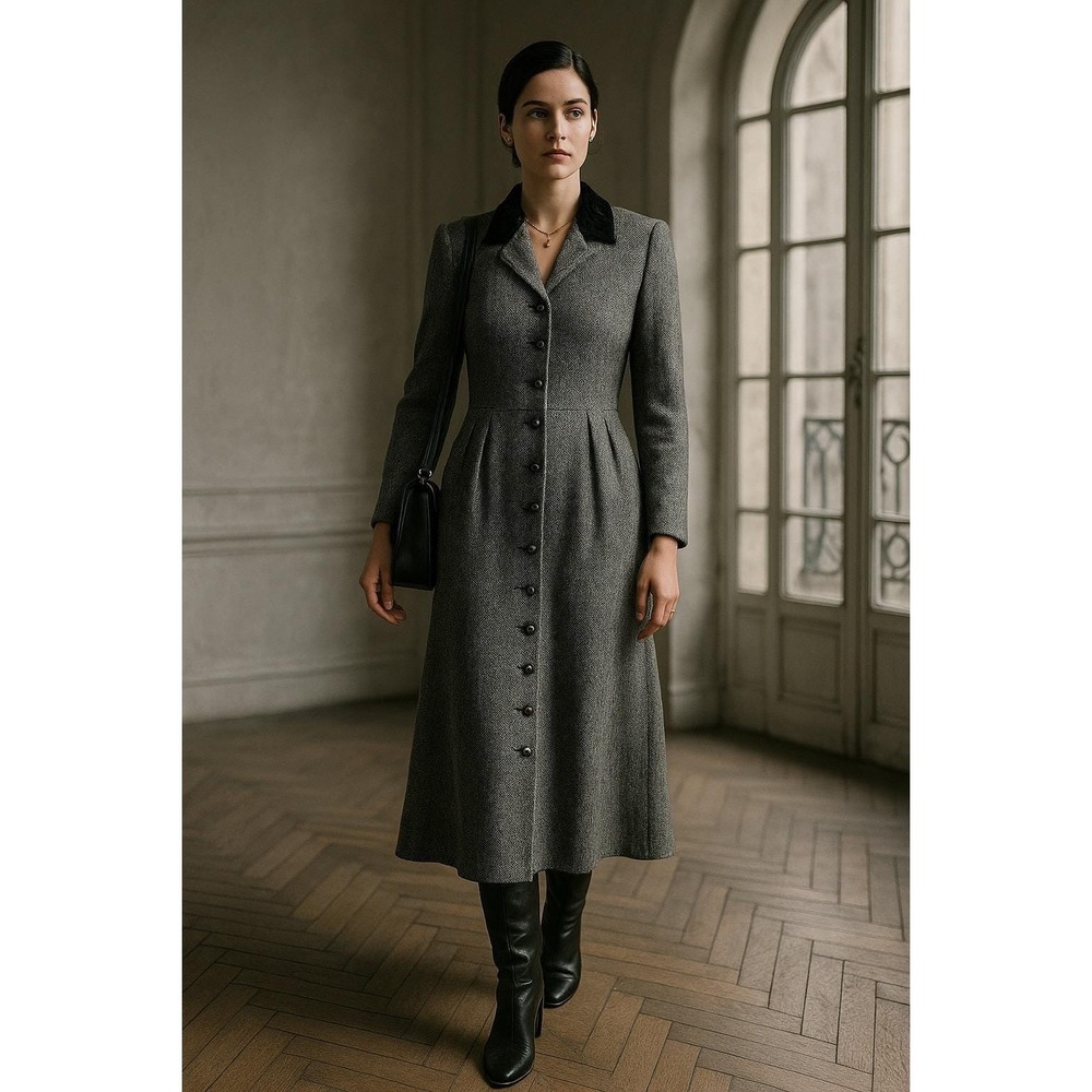 Classic Black Collar Gray Button-Front Women's Dr… - image 2